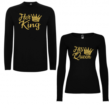 Комплект тениски с дълъг ръкав за двойки Her King - His Queen