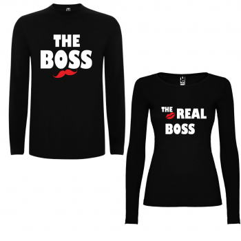 Комплект тениски с дълъг ръкав за двойки The Boss - The Real Boss в черно