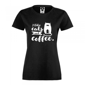 Дамска черна тениска I like cats and coffee