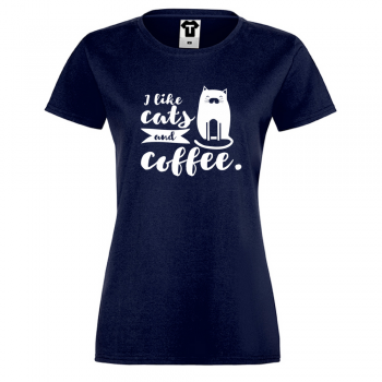 Дамска тъмно-синя тениска I like cats and coffee