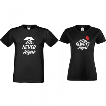 Тениски за двойки в черно Mr Never Right and Mrs Always Right