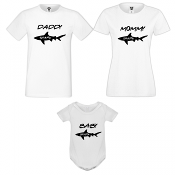 Семеен комплект тениски с бебешко боди в бяло Baby Shark Семеен комплект тениски с бебешко боди в бяло Baby Shark