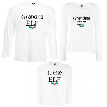 Семеен комплект тениски с дълги ръкави в бяло или черно Grandpa, Grandma and Little Elf Семеен комплект тениски с дълги ръкави в бяло или черно Grandpa, Grandma and Little Elf